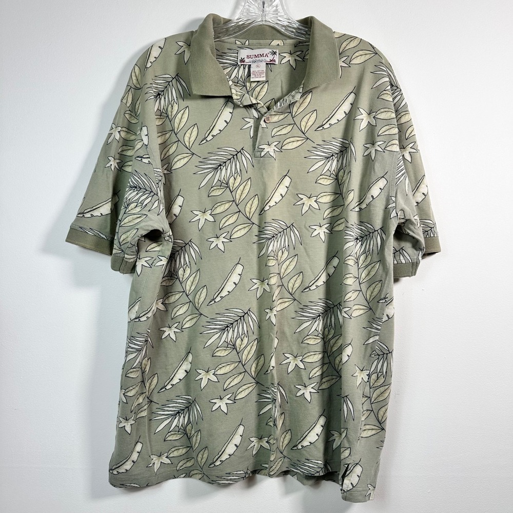 Summa XL‎ Tropical Palm Leaf Polo Shirt Sage Green Cotton Short Sleeve Hawaiian